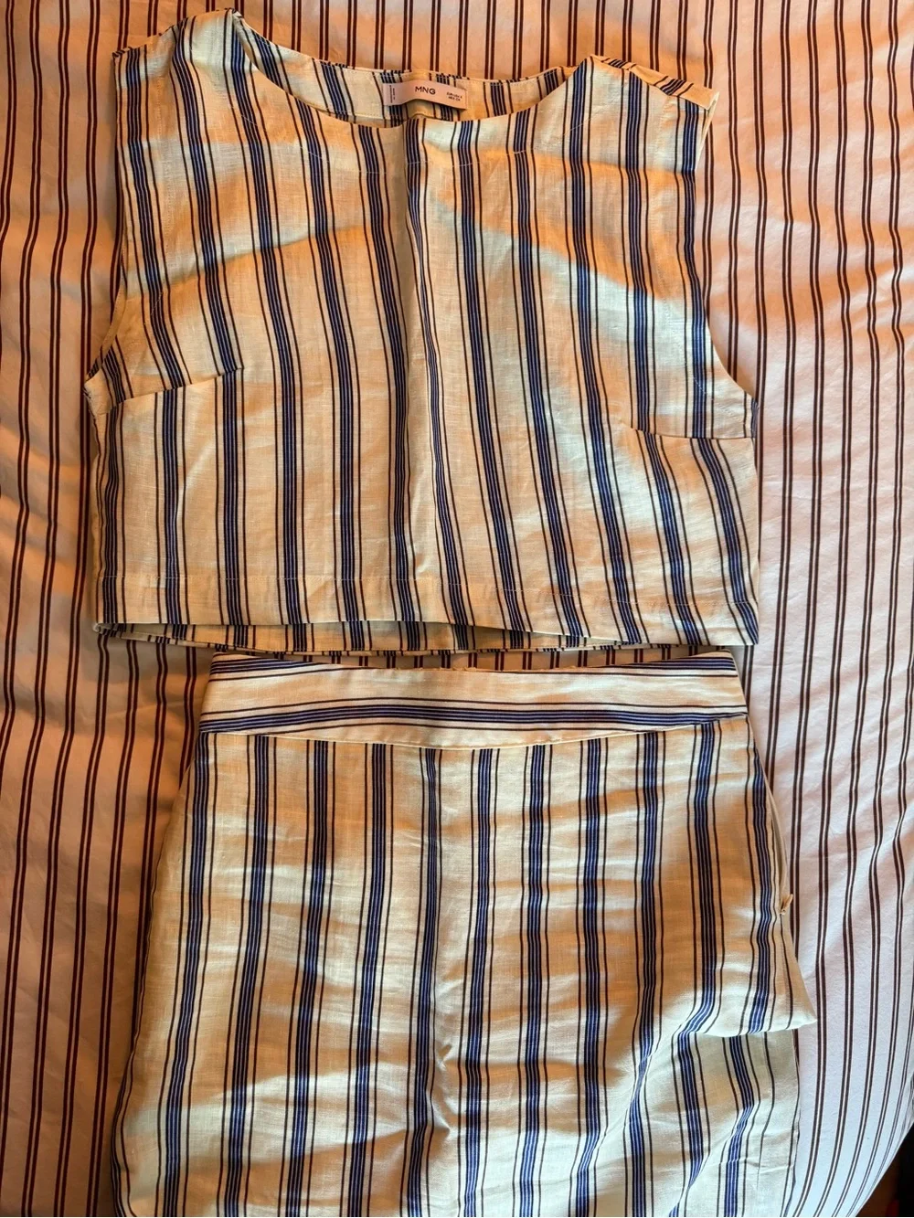 Mango Linen Striped Two-Piece Crop Top and High-Waist Maxi Skirt Set